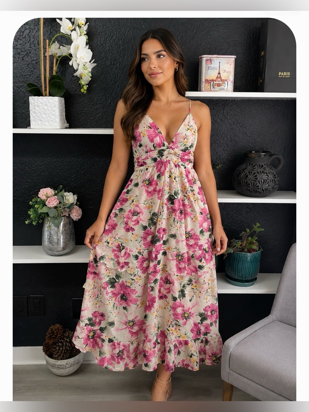 Abercrombie & Fitch Floral Maxi Dress in Pink and Cream LT